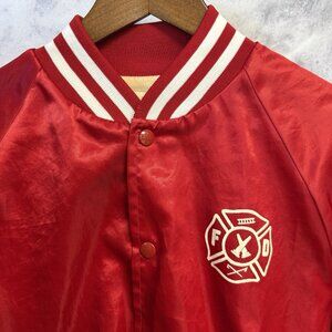 Vintage 80s Fire Dept Satin Bomber Jacket Mens Medium Red USA Hollbrook AZ